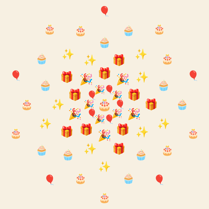 A round mandala of birthday emoji on a cream background: cakes, cupcakes, balloons, gifts, party poppers and sparkles in rings around a cake.